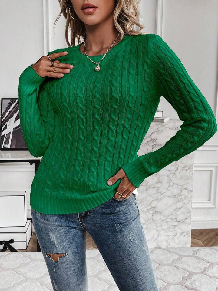 Suéter De Cuello Redondo De Punto Trenzado Para Mujer