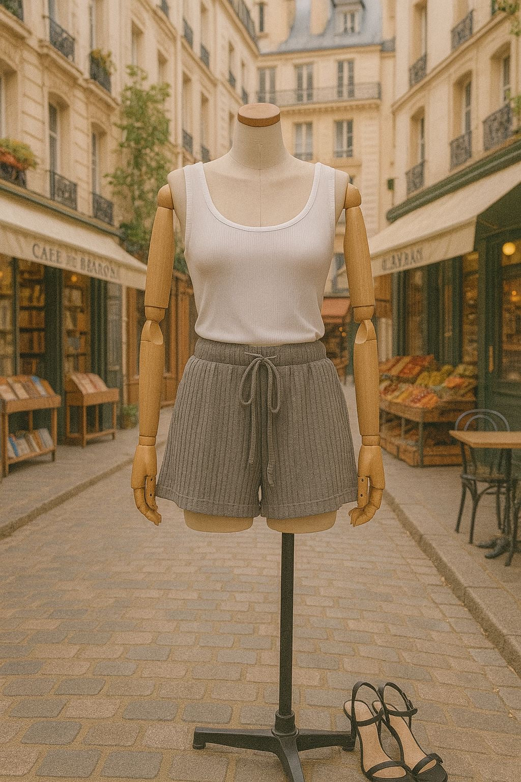 Short track de textura de cintura con cordón