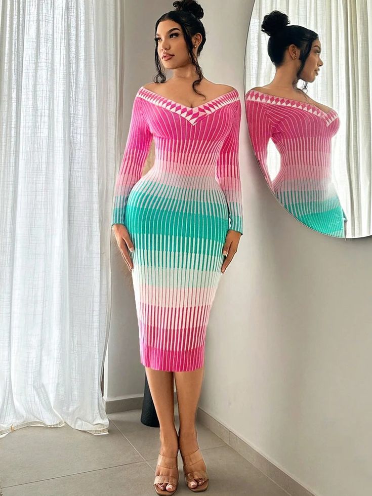 Vestido Midi Degradado Off-Shoulder 💗💚