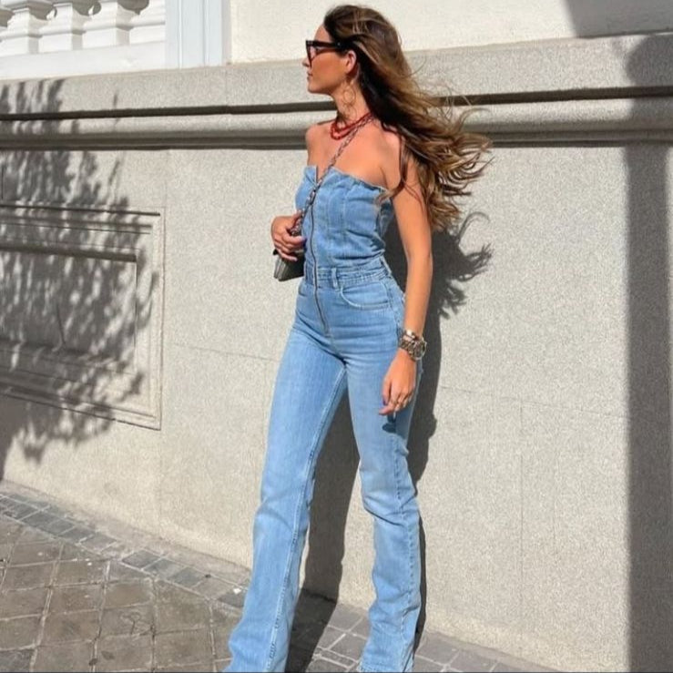 Enterizo Strapless de Mezclilla Azul Claro con Cierre Frontal 👖✨