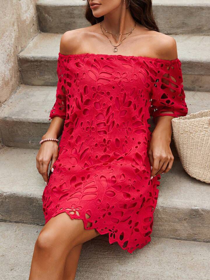 Vestido Rojo Off-Shoulder con Encaje Floral Calado ❤️🌺