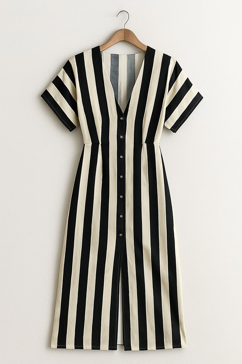 Vestido camisero a rayas verticales blanco & negro – Look clásico con poder visual
