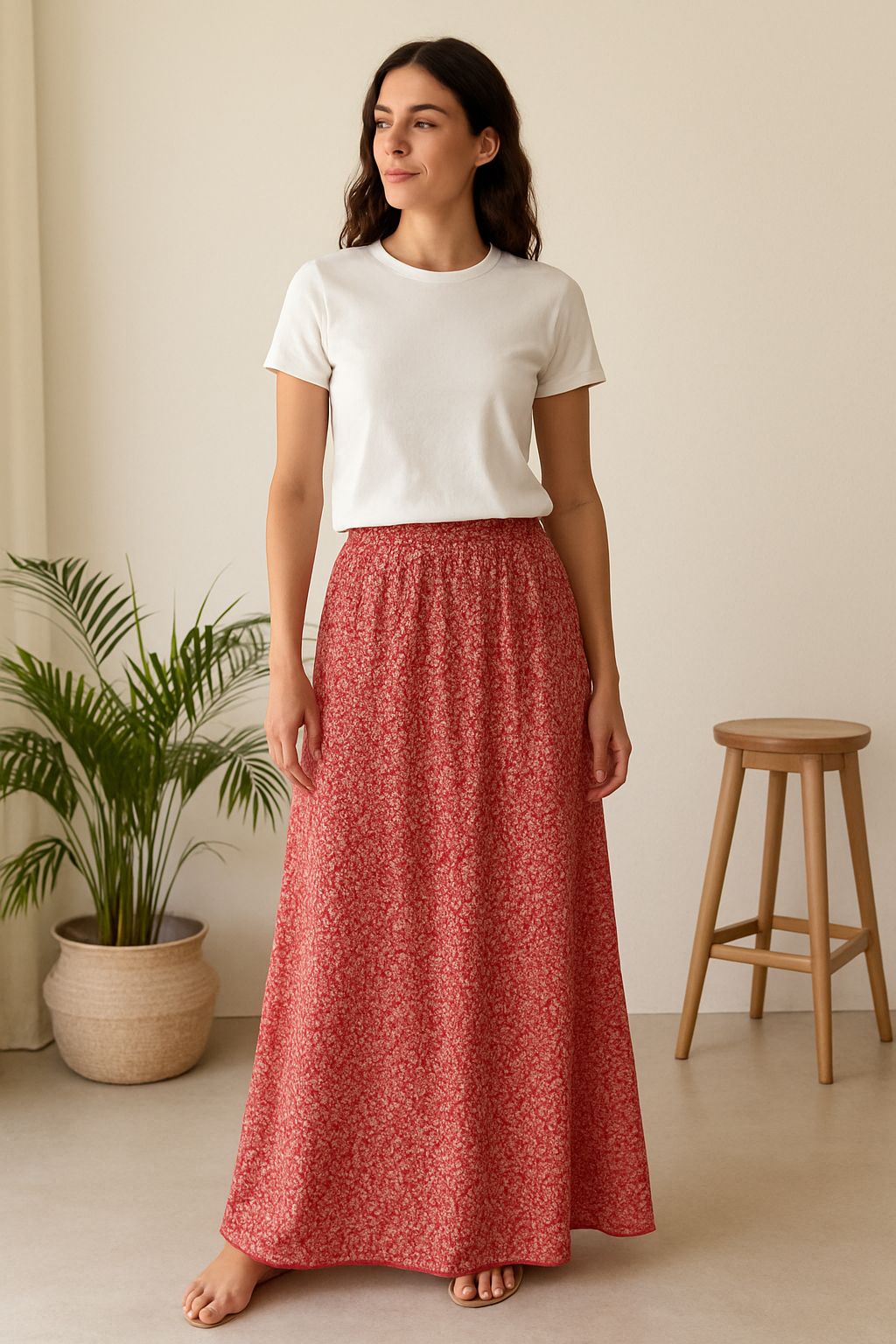 Falda midi floral rojo coral – Frescura romántica para el día a día