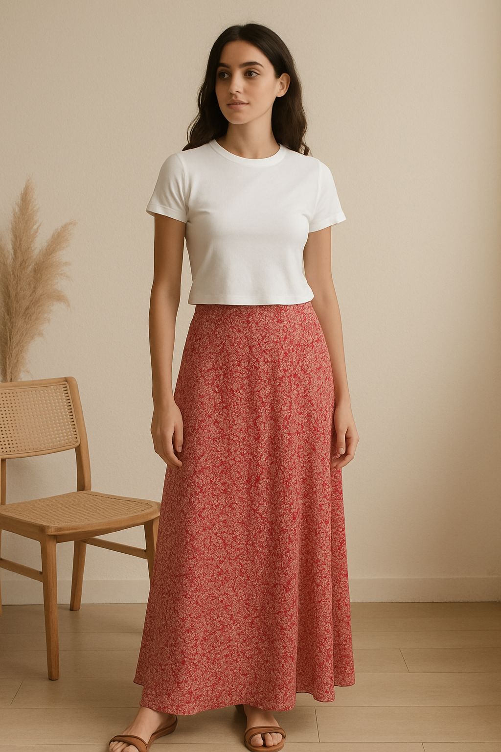 Falda midi floral rojo coral – Frescura romántica para el día a día