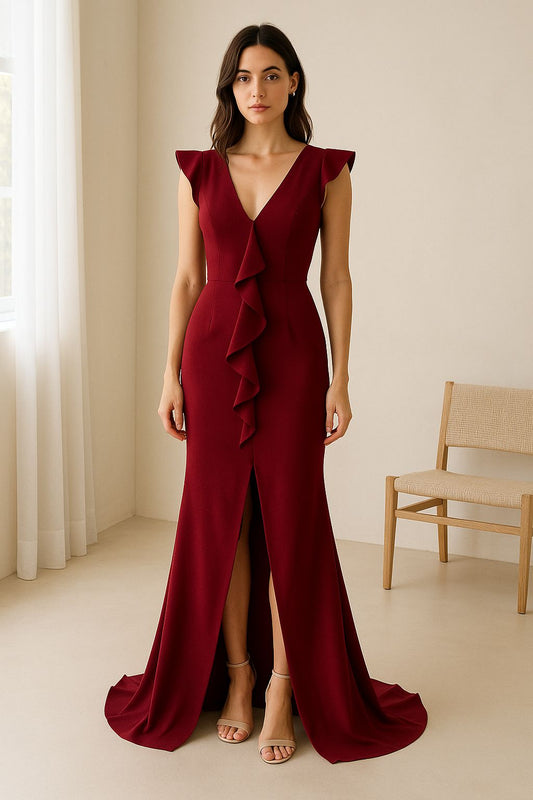 Vestido largo burdeos con volado central – Elegancia que deslumbra