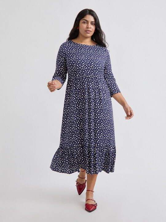 Vestido midi azul con estampado blanco – Comodidad y estilo para el día a día