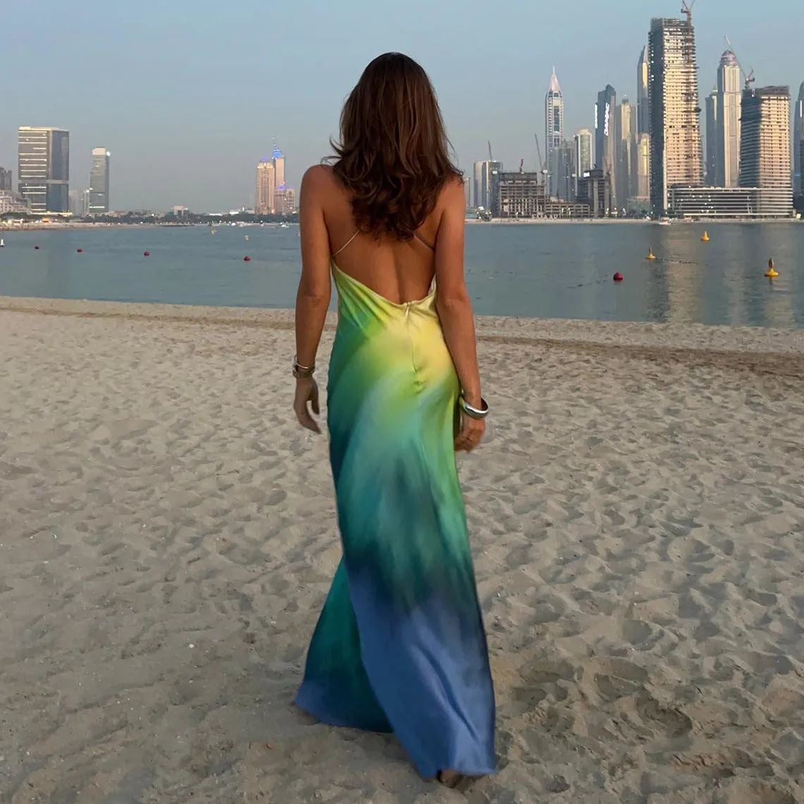 Vestido largo degrade piel, verde y azul