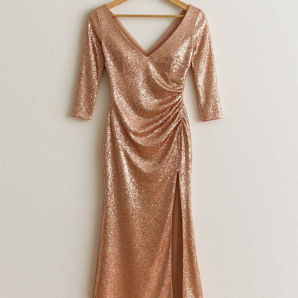 Vestido largo de fiesta con lentejuelas rose gold