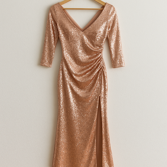 Vestido largo de fiesta con lentejuelas rose gold