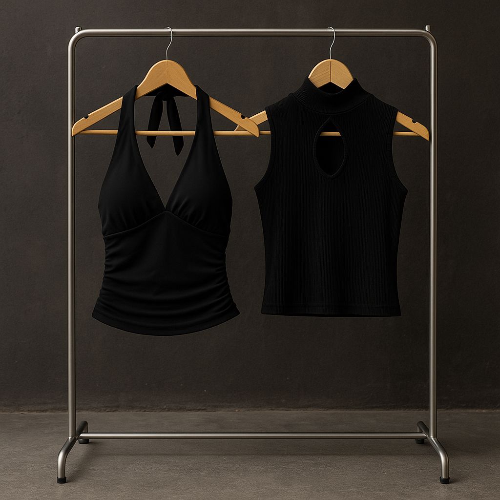 Blusa negra con abertura en pecho, sin mangas