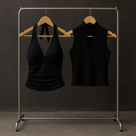 Blusa negra con abertura en pecho, sin mangas