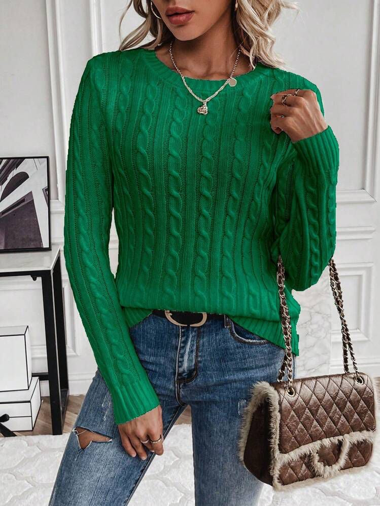 Suéter De Cuello Redondo De Punto Trenzado Para Mujer