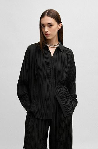 Blusa negra pliegues de botones manga larga