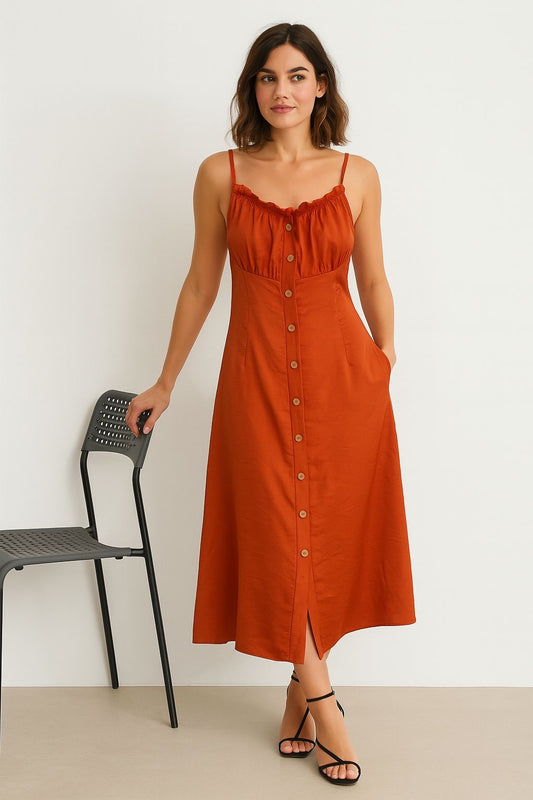 Vestido naranja de botones medio largo