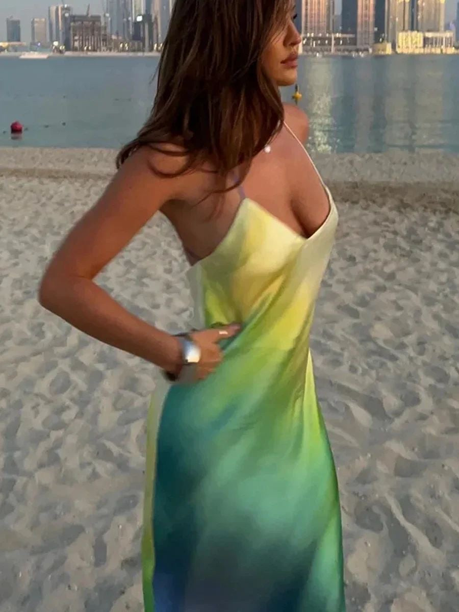 Vestido largo degrade piel, verde y azul