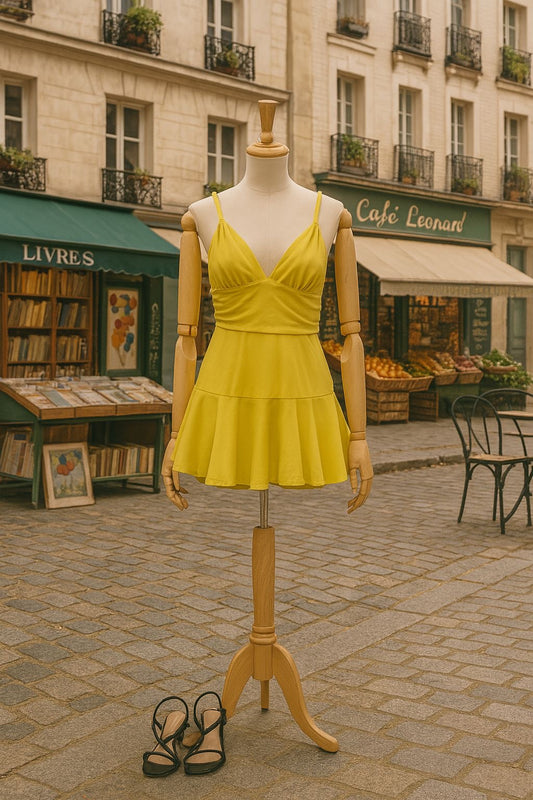 Vestido corto amarillo con tirantes delgados