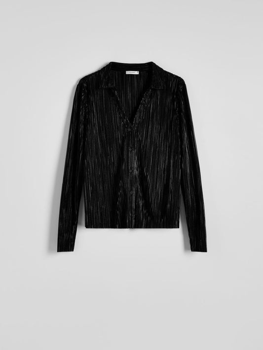 Blusa negra pliegues de botones manga larga