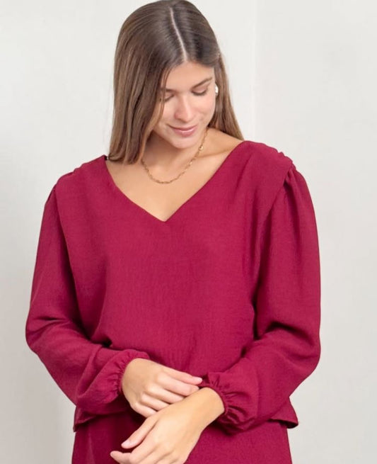 Blusa corinta manga larga con escote V