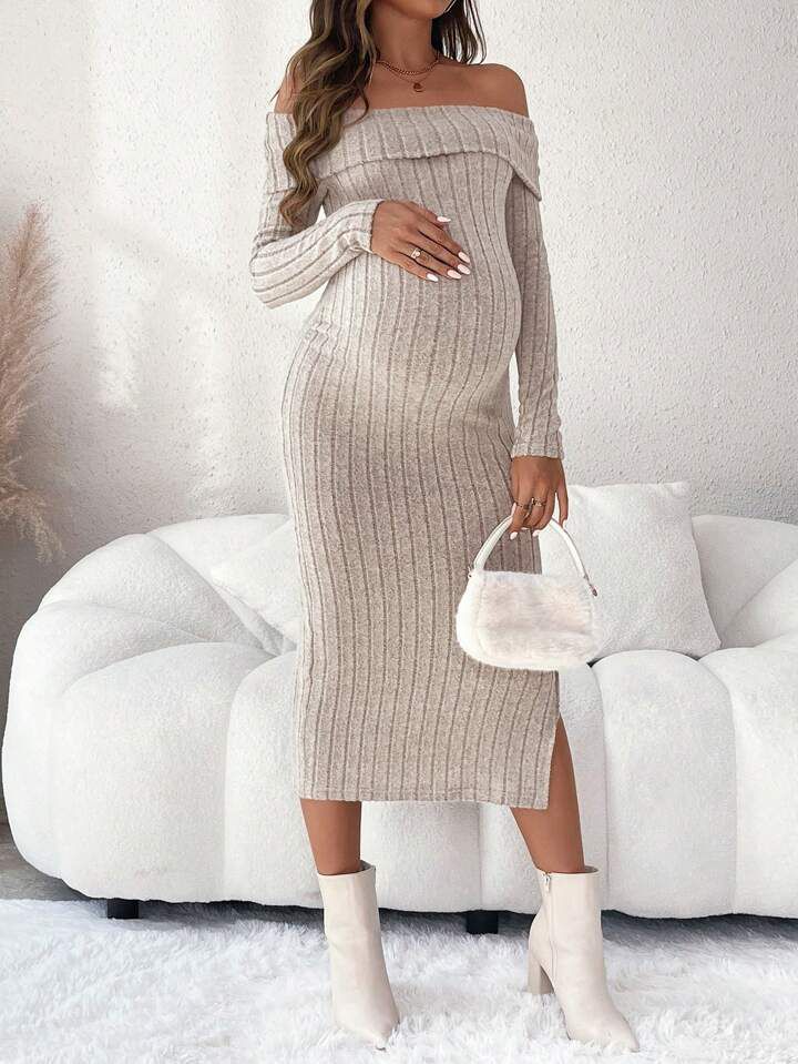 Vestido Midi de Punto Off-Shoulder en Beige 🤍✨