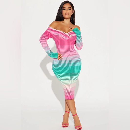 Vestido Midi Degradado Off-Shoulder 💗💚