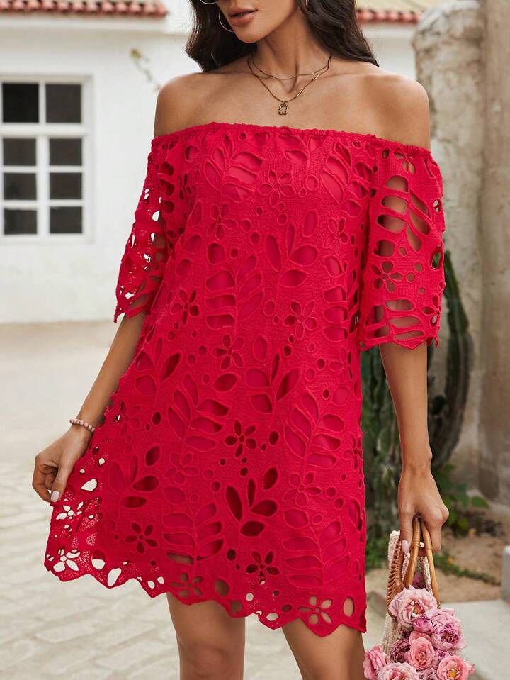Vestido Rojo Off-Shoulder con Encaje Floral Calado ❤️🌺