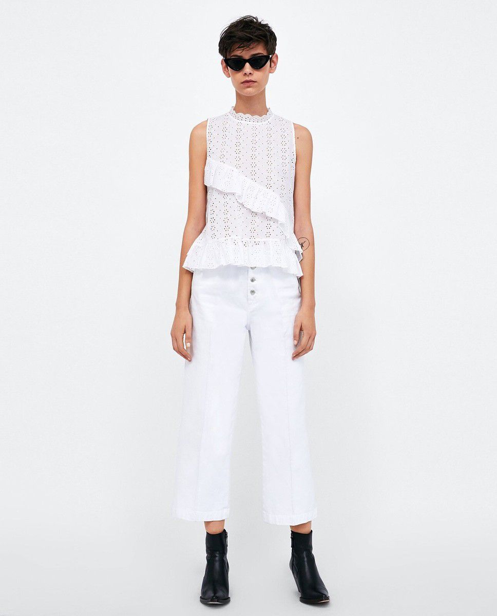 Blusa Blanca Bordada sin Mangas con Volantes 🤍✨