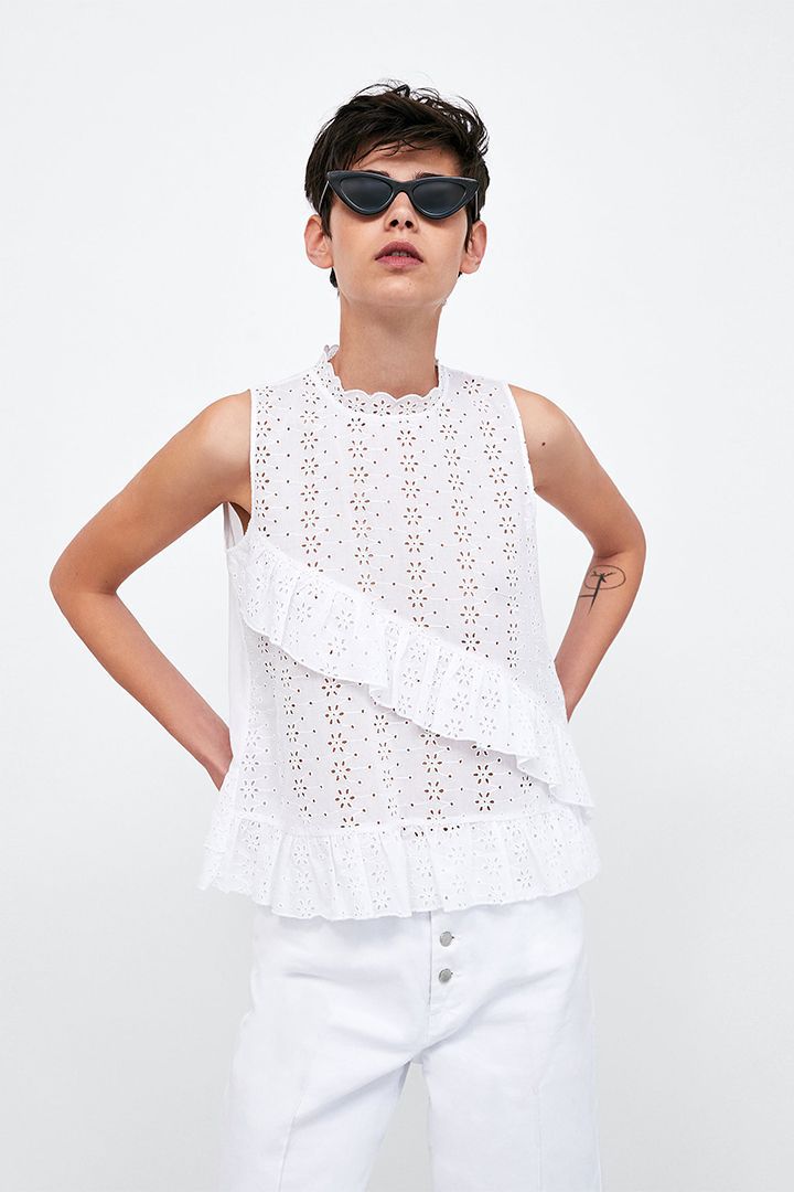 Blusa Blanca Bordada sin Mangas con Volantes 🤍✨