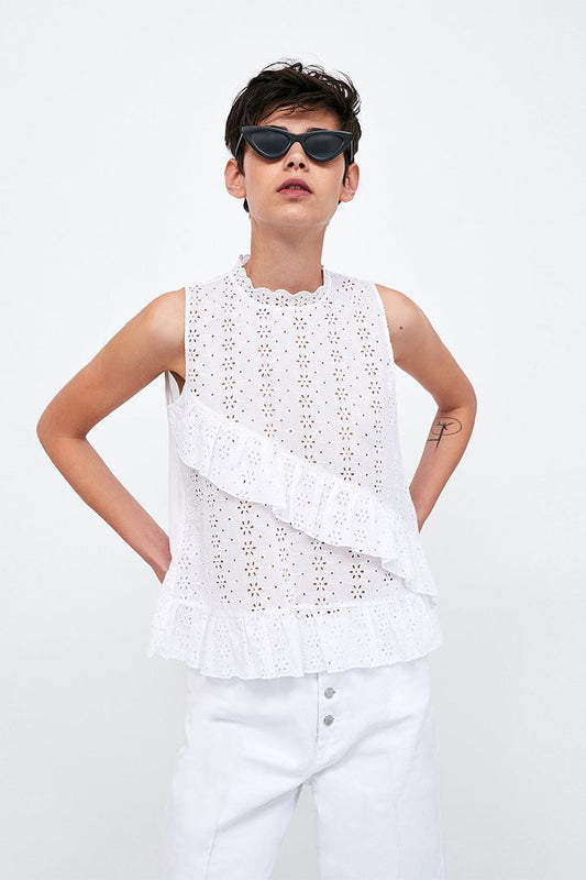 Blusa Blanca Bordada sin Mangas con Volantes 🤍✨