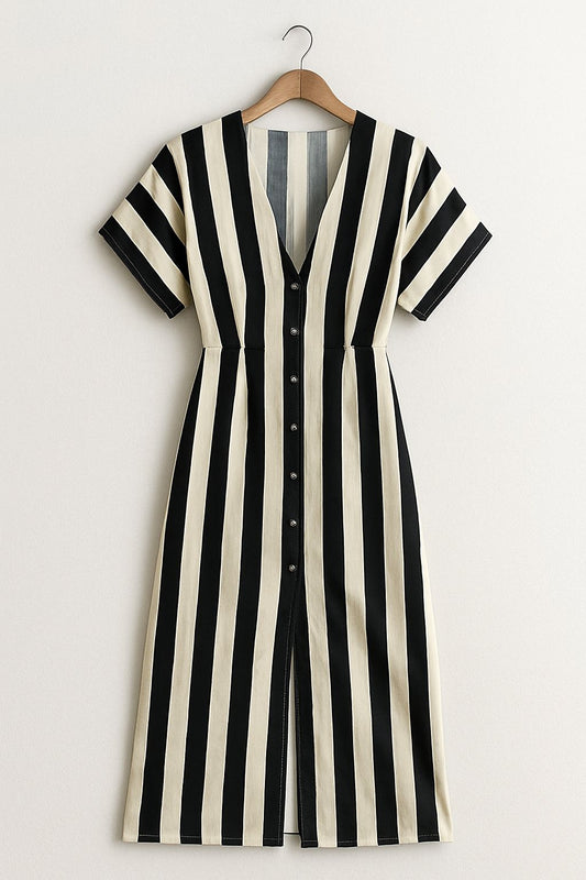 Vestido camisero a rayas verticales blanco & negro – Look clásico con poder visual
