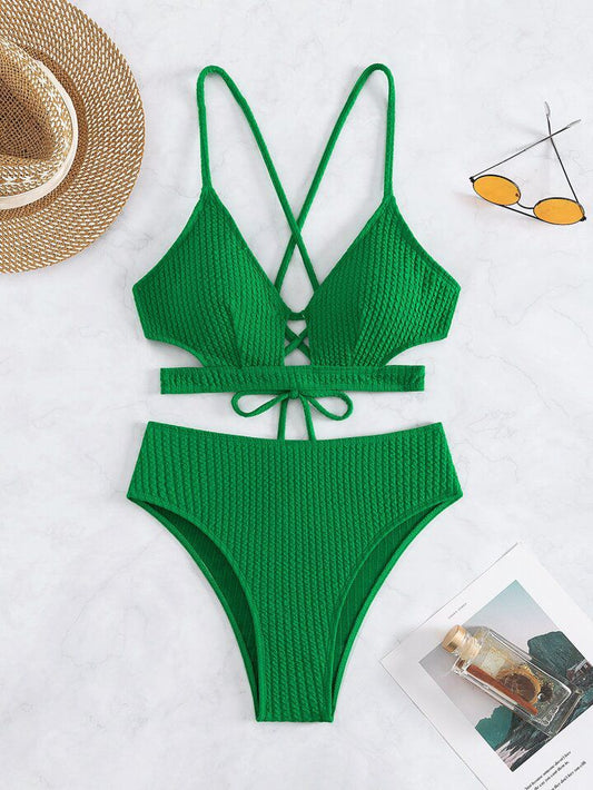 Bikini verde cruzado de tiro alto – Toque moderno y vibrante para el verano