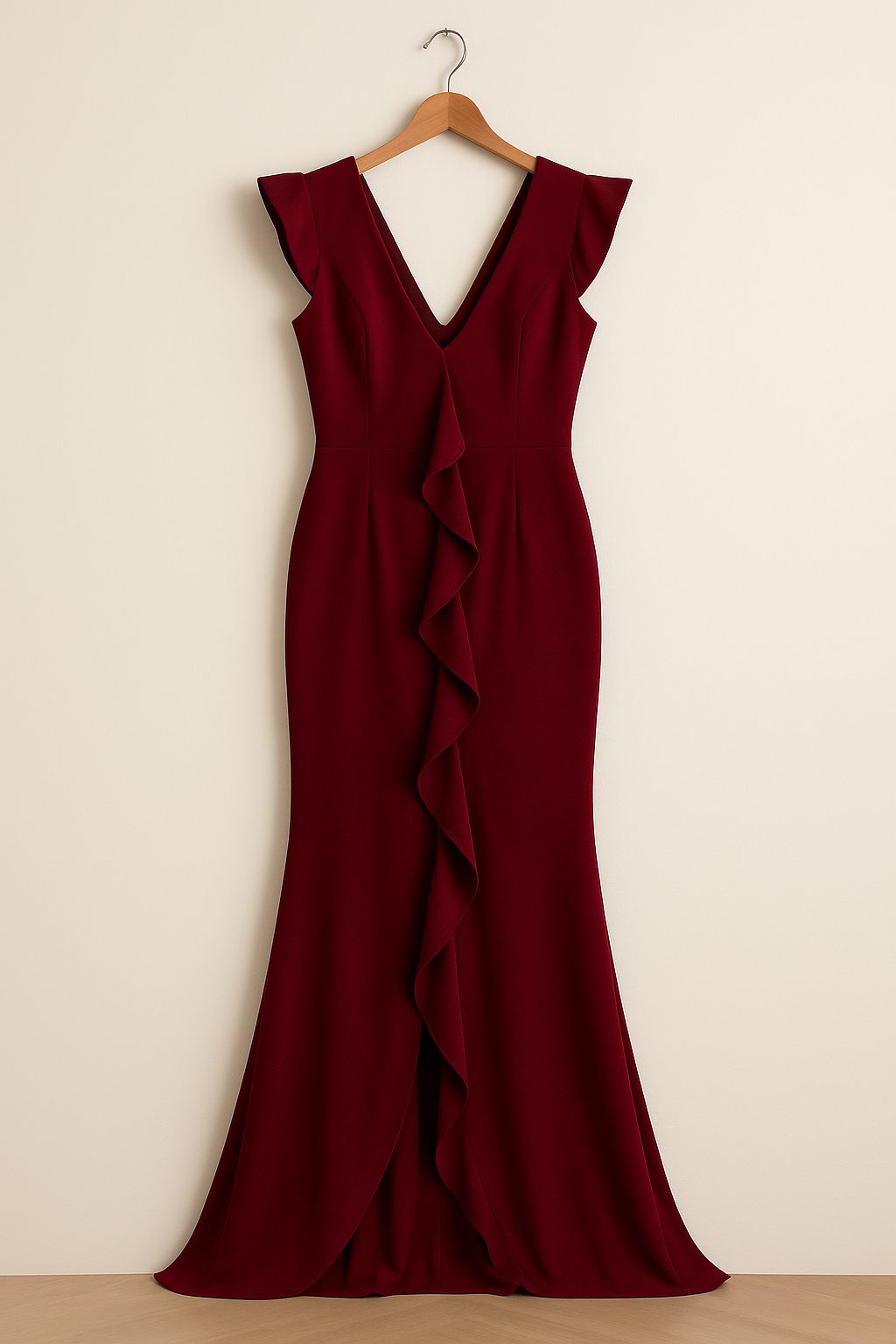 Vestido largo burdeos con volado central – Elegancia que deslumbra