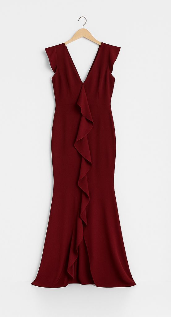 Vestido largo burdeos con volado central – Elegancia que deslumbra