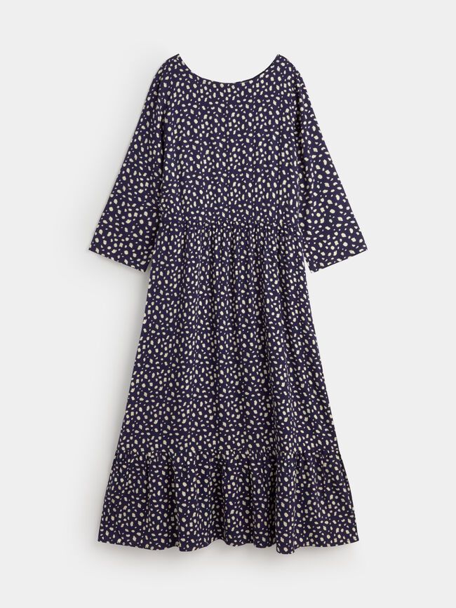 Vestido midi azul con estampado blanco – Comodidad y estilo para el día a día