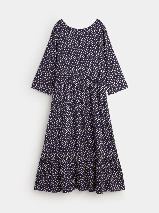 Vestido midi azul con estampado blanco – Comodidad y estilo para el día a día