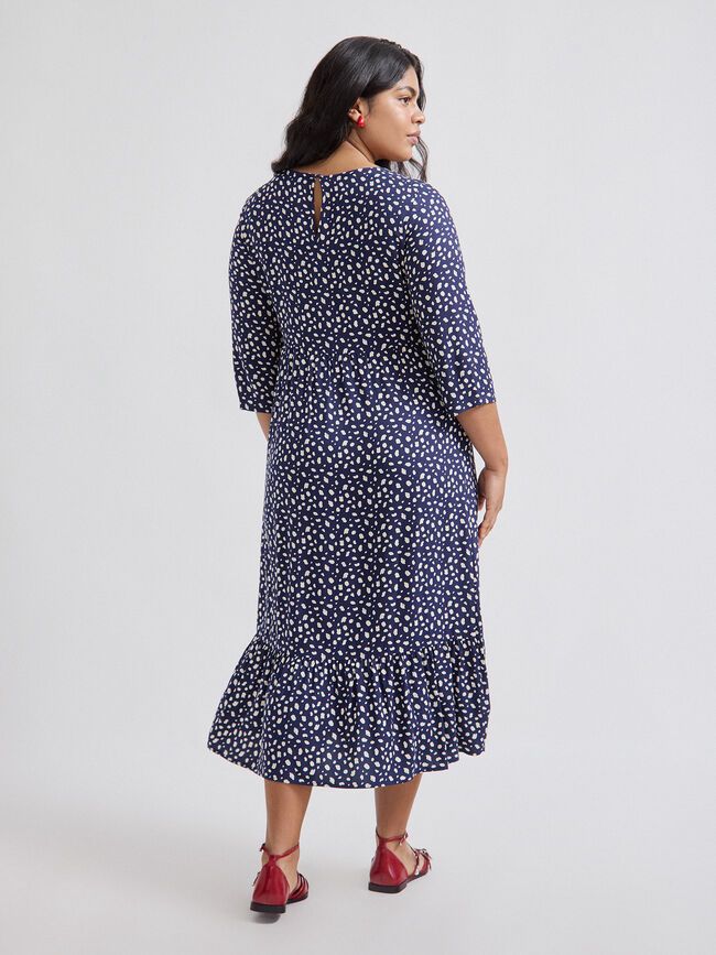 Vestido midi azul con estampado blanco – Comodidad y estilo para el día a día